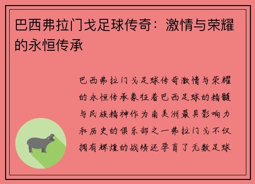 巴西弗拉门戈足球传奇：激情与荣耀的永恒传承